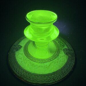 Vintage Uranium UV Glowing Glass Candle Stick Holder Single Heavy Gold Pattern